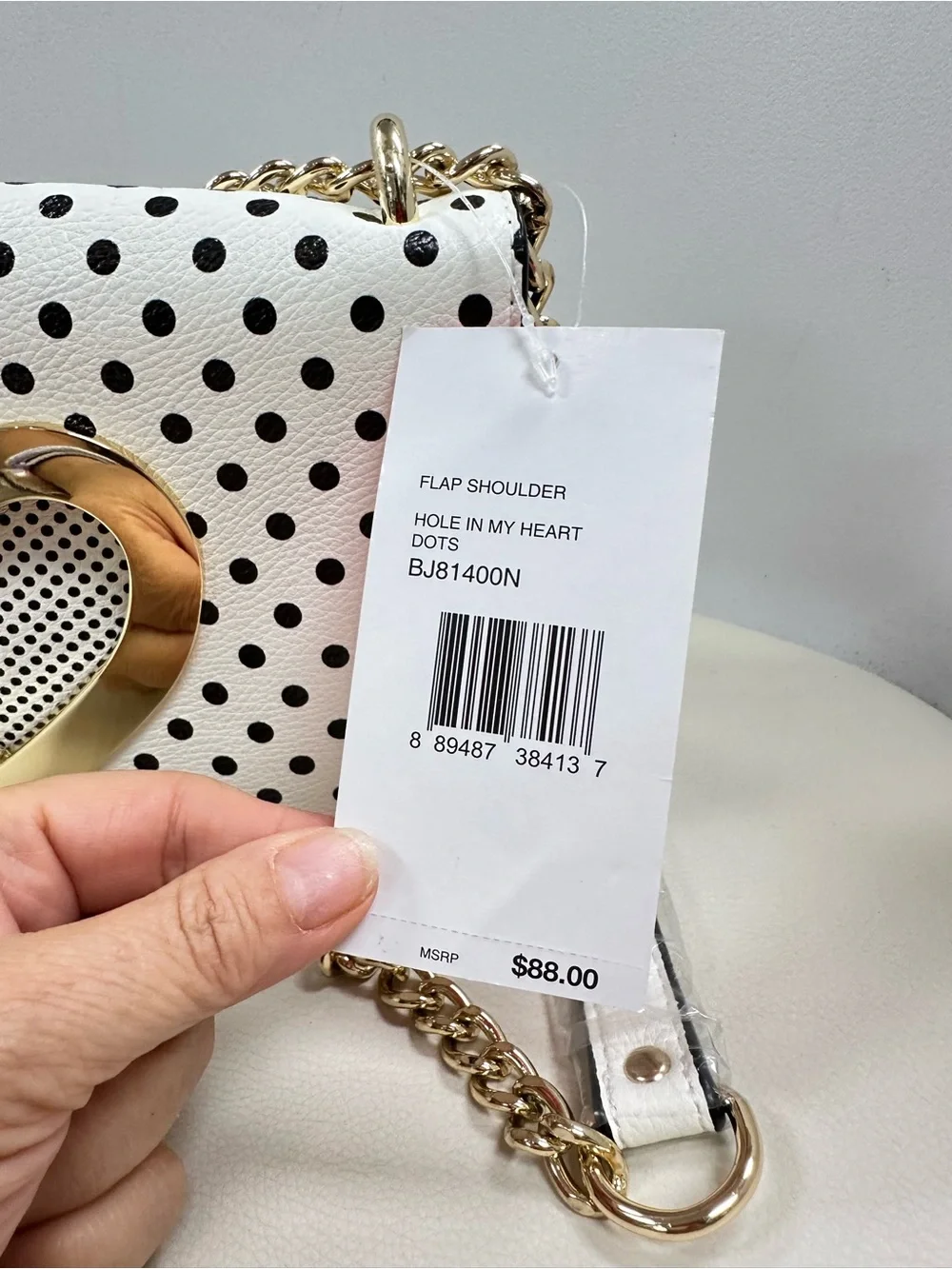 Betsey Johnson White Polka Dot Crossbody with Neon Heart Charm